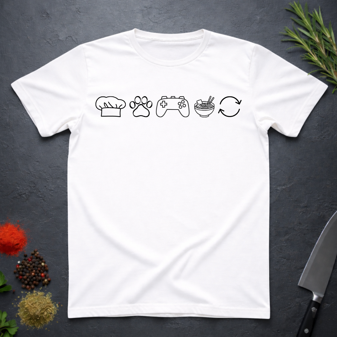 White t-shirt with black icons of chef hat, paw print, game remote, ramen bowl and repeat symbol on a dark surface.