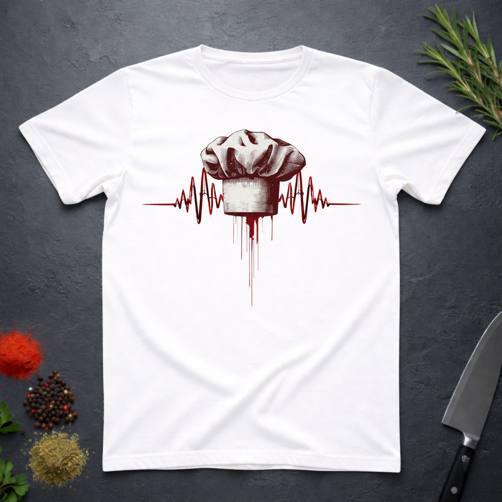 White t-shirt with a chef hat and heartbeat design on a dark surface with kitchen items.