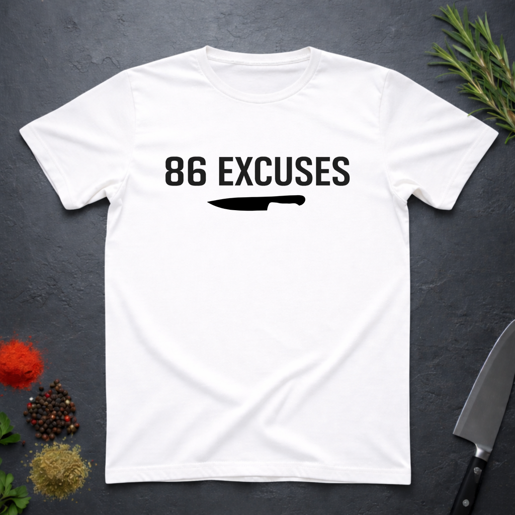 White t-shirt with '86 Excuses' and a knife graphic on a dark surface.