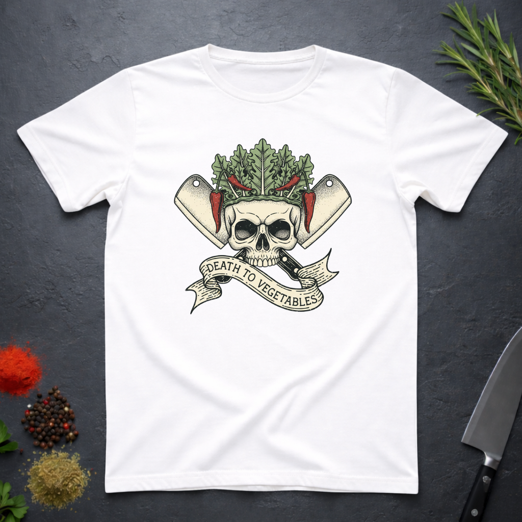 White t-shirt with skull and crossed knives with vegetables design with text "Death To Vegetable" on a dark surface.