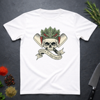 White t-shirt with skull and crossed knives with vegetables design with text "Death To Vegetable" on a dark surface.