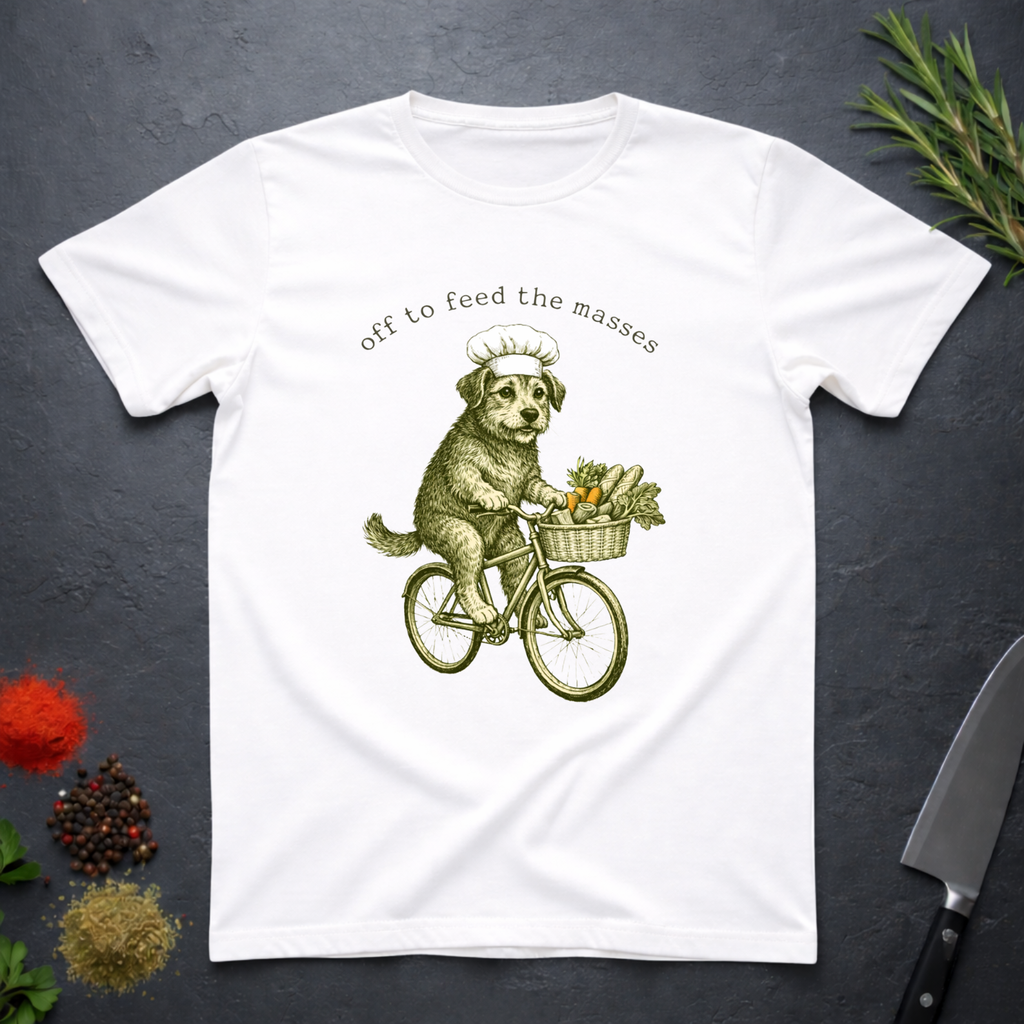 White t-shirt with a graphic of a dog riding a bicycle with a basket of vegetables and text 'off to feed the masses' on a dark surface.
