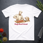 White t-shirt with a graphic of a chef and dog on a dark surface.