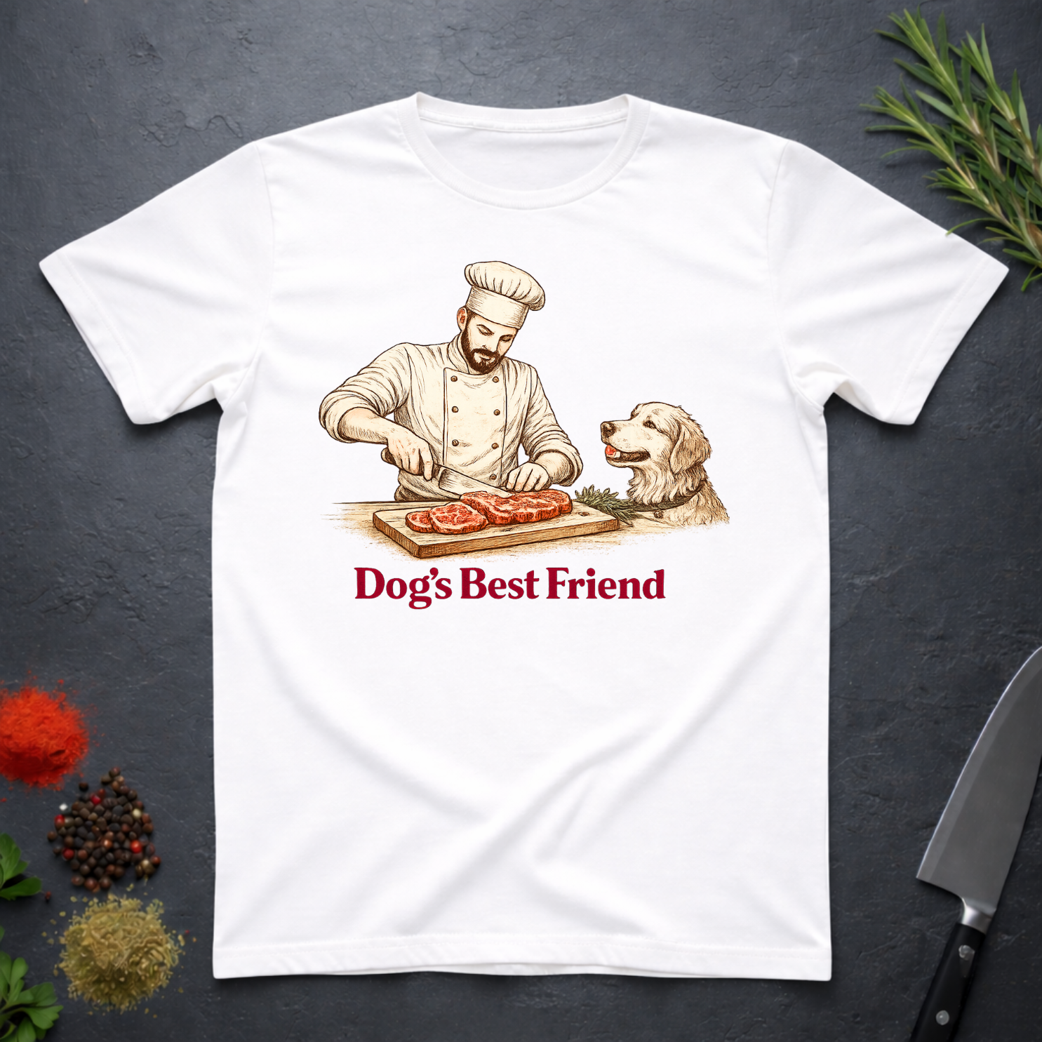 White t-shirt with a graphic of a chef and dog on a dark surface.