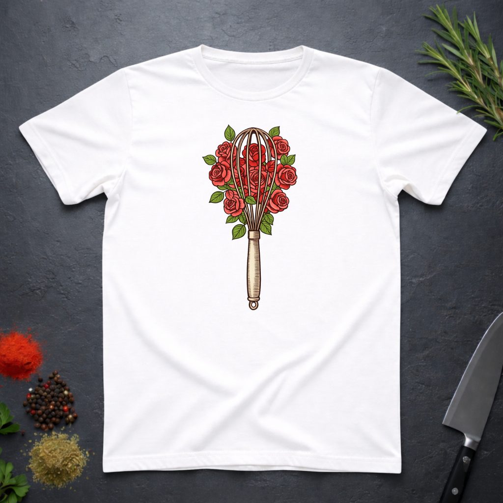White t-shirt with a design of a whisk and roses as a bouquet on a dark surface.
