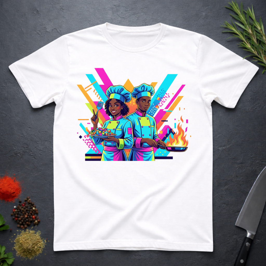 White t-shirt with neon 90s retro illustration of two African American chefs cooking against a vibrant, geometric background, on a dark surface.