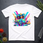 White t-shirt with neon 90s retro illustration of two African American chefs cooking against a vibrant, geometric background, on a dark surface.