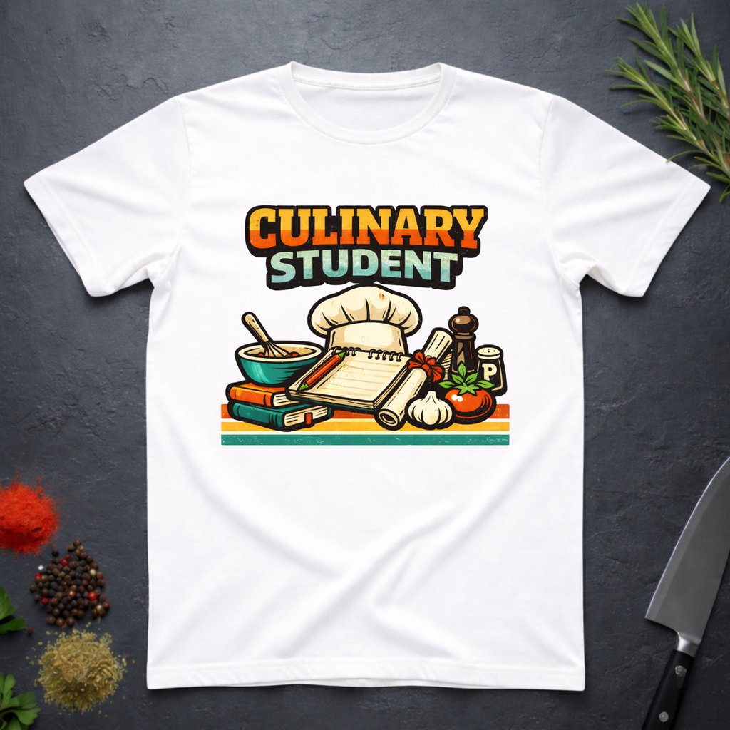 White t-shirt with 'Culinary Student' graphic design on a dark surface with kitchen items.