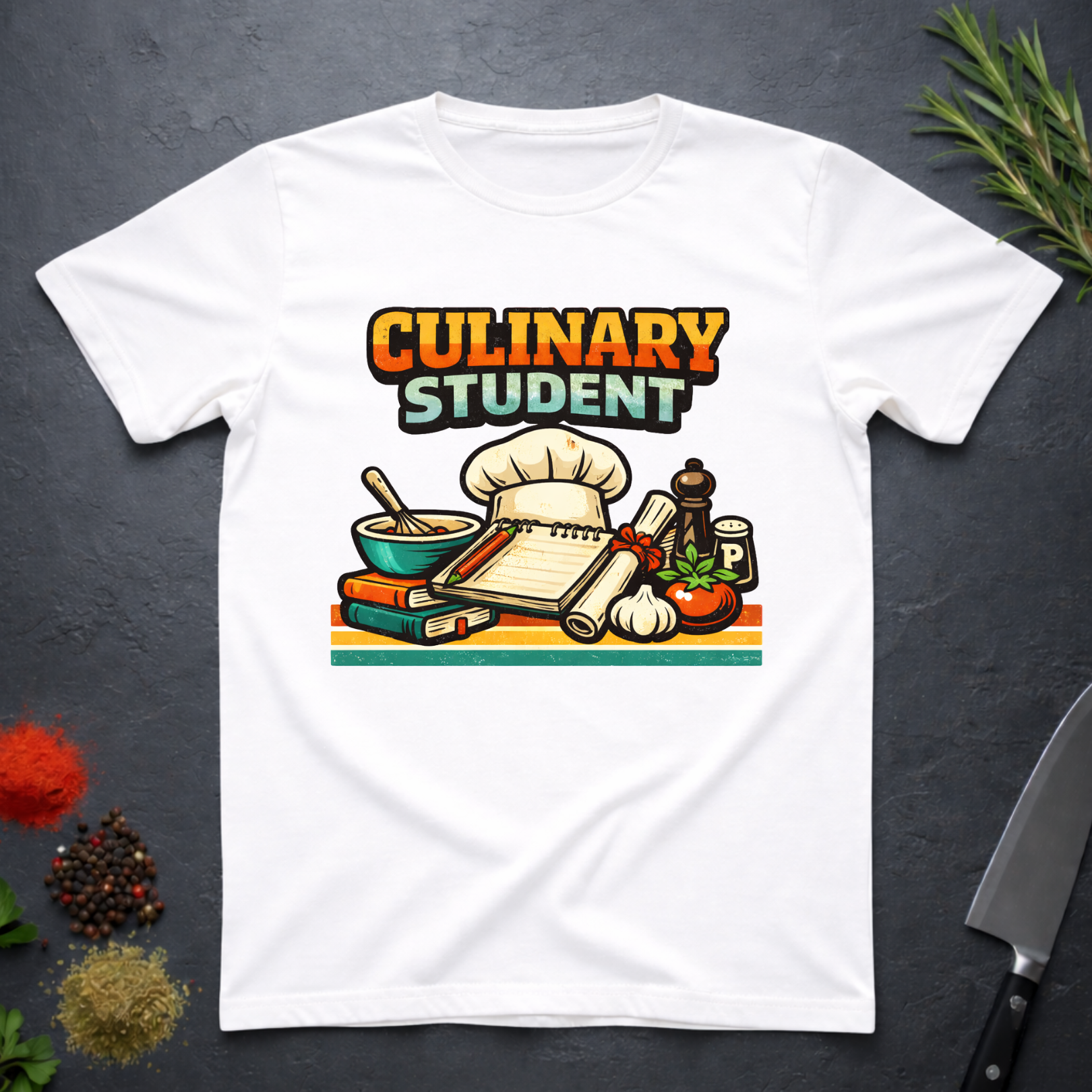 White t-shirt with 'Culinary Student' graphic design on a dark surface with kitchen items.