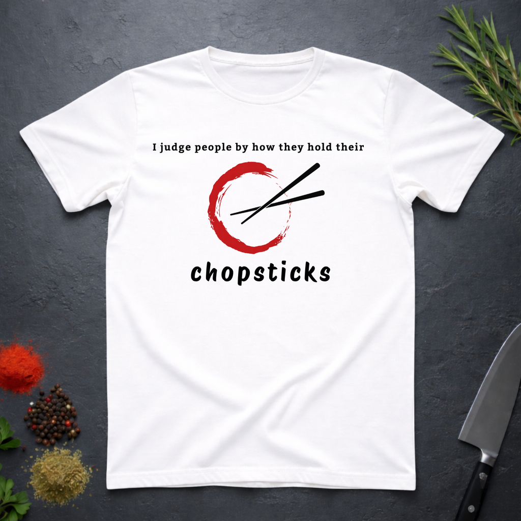 White t-shirt with Chopsticks graphic and text "I judge people by how they hold their chopsticks" on a dark surface with kitchen items.