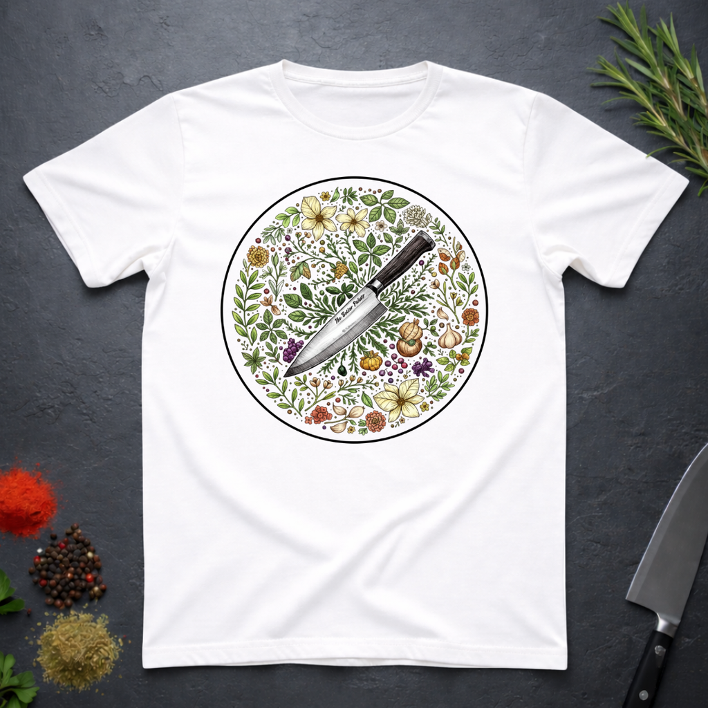 White t-shirt with a circular knife and colored floral design on a dark surface.
