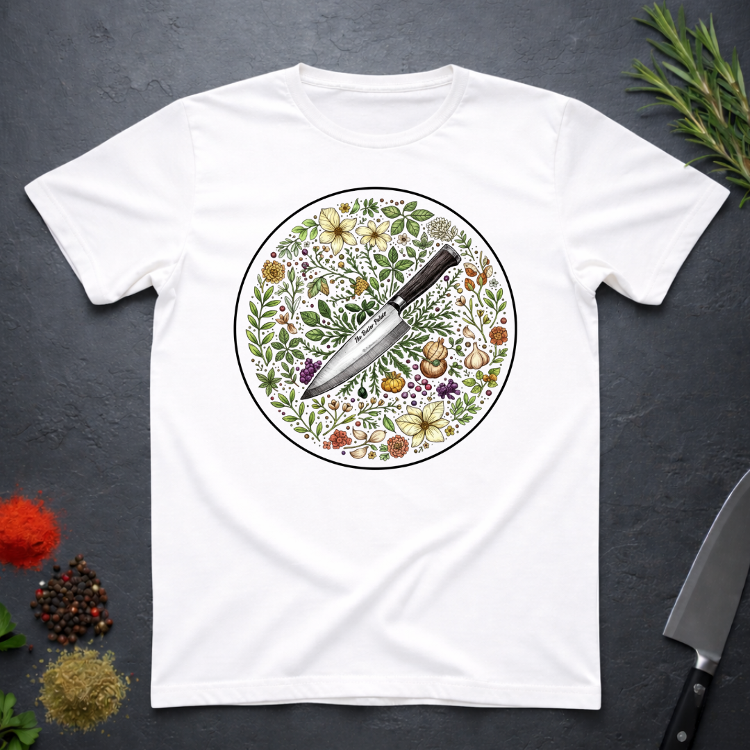 White t-shirt with a circular knife and colored floral design on a dark surface.
