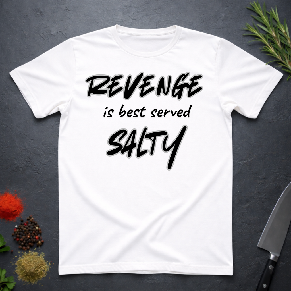 White t-shirt with 'REVENGE is best served SALTY' text on a dark surface.
