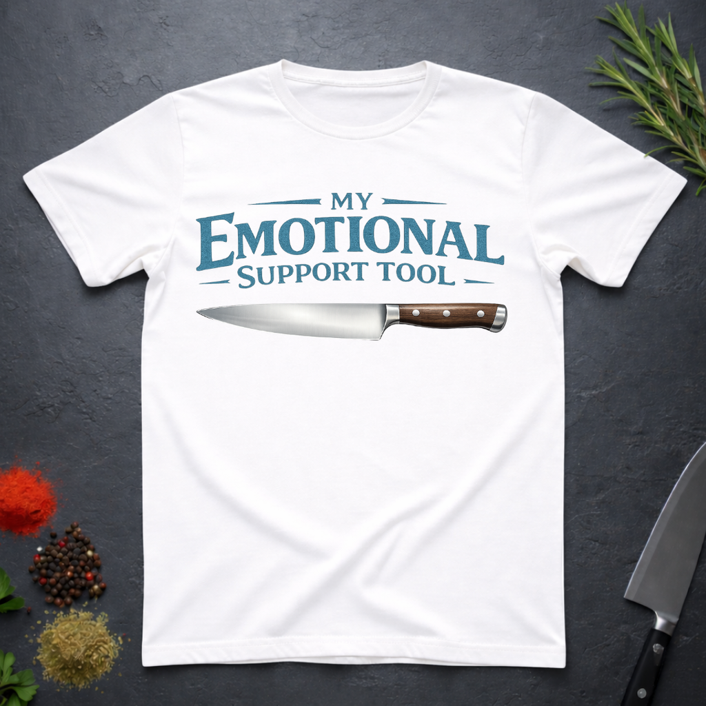 White t-shirt with a knife graphic and teal text "My Emotional Support Tool" on a dark surface.