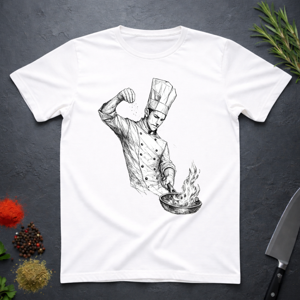 White t-shirt with a artistic graphic of a chef sprinkling salt into a pan with fire on a dark surface with kitchen items.