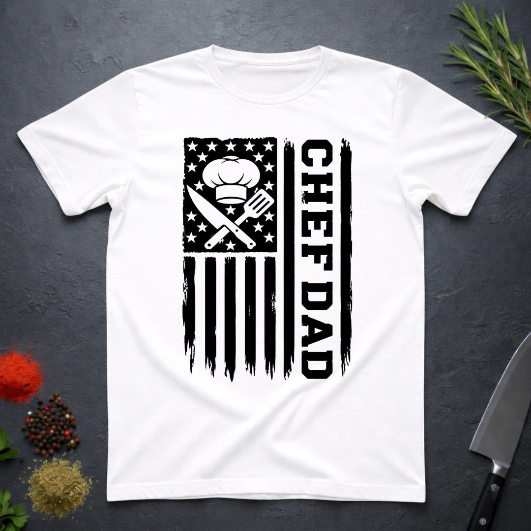 White t-shirt with American flag and text 'CHEF DAD' design on a dark surface with kitchen items.