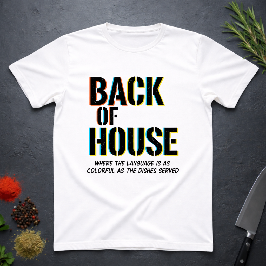 White t-shirt with 'Back of House' text on a dark surface with kitchen items.