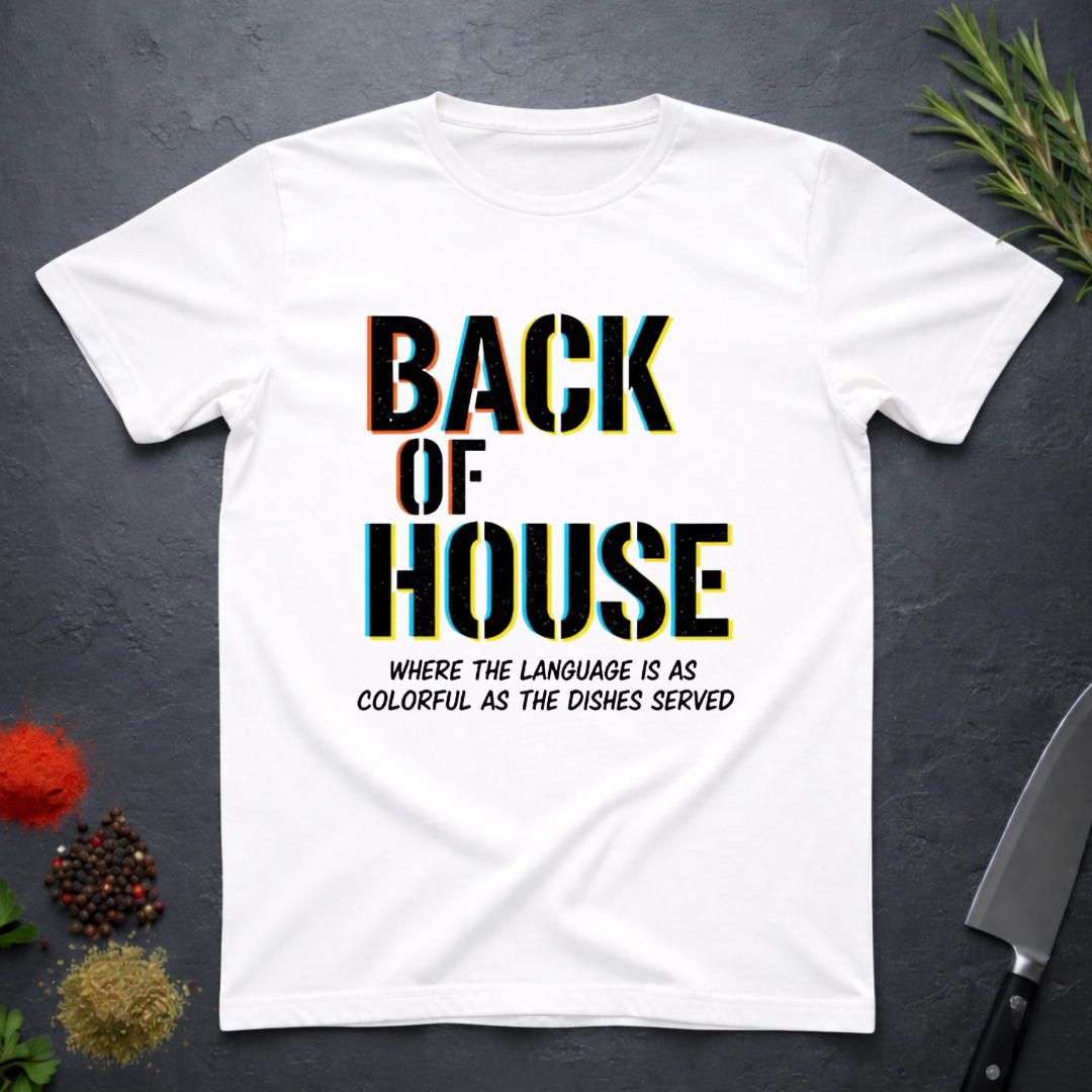 White t-shirt with 'Back of House' text on a dark surface with kitchen items.