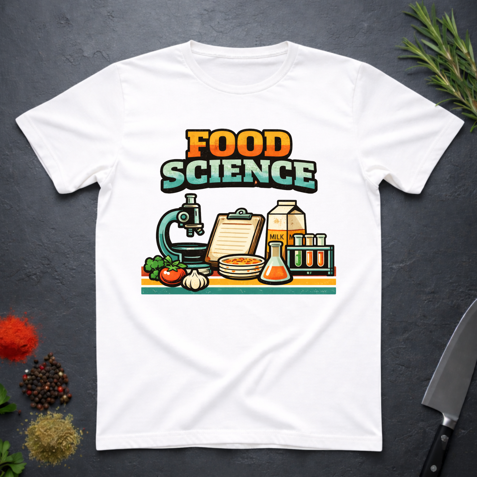 White t-shirt with 'Food Science' graphic design on a dark surface with kitchen items.