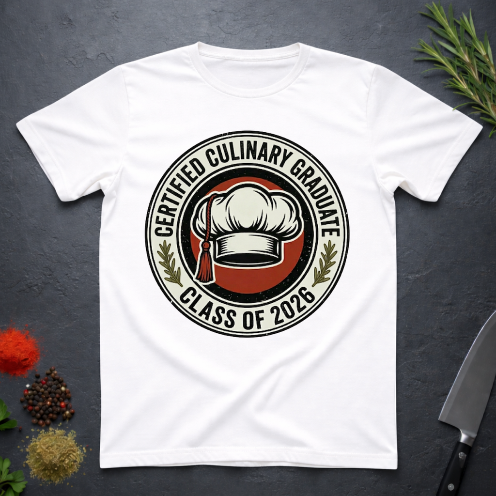 White t-shirt with 'Certified Culinary Graduate Class of 2026' design on a dark surface with kitchen items.