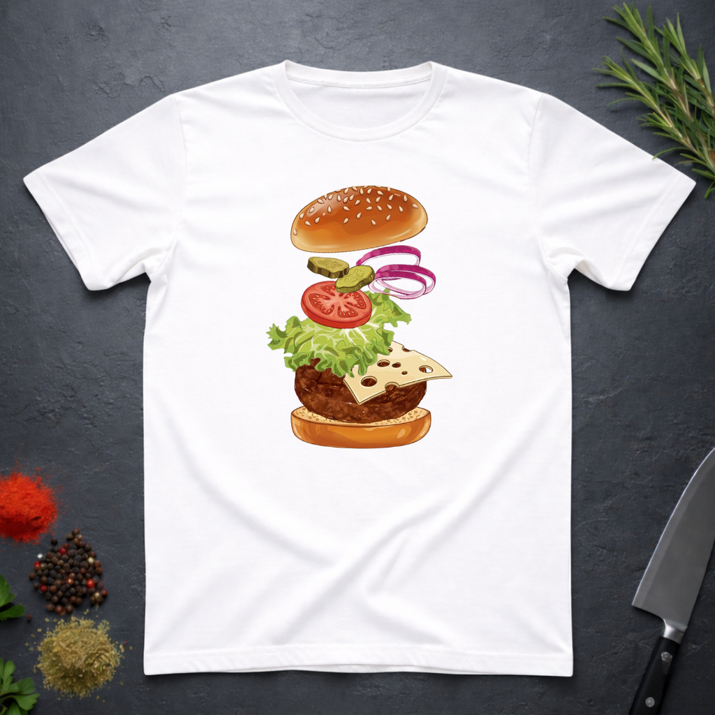 White t-shirt with a colorful stacked burger ingredients graphic on a dark surface.