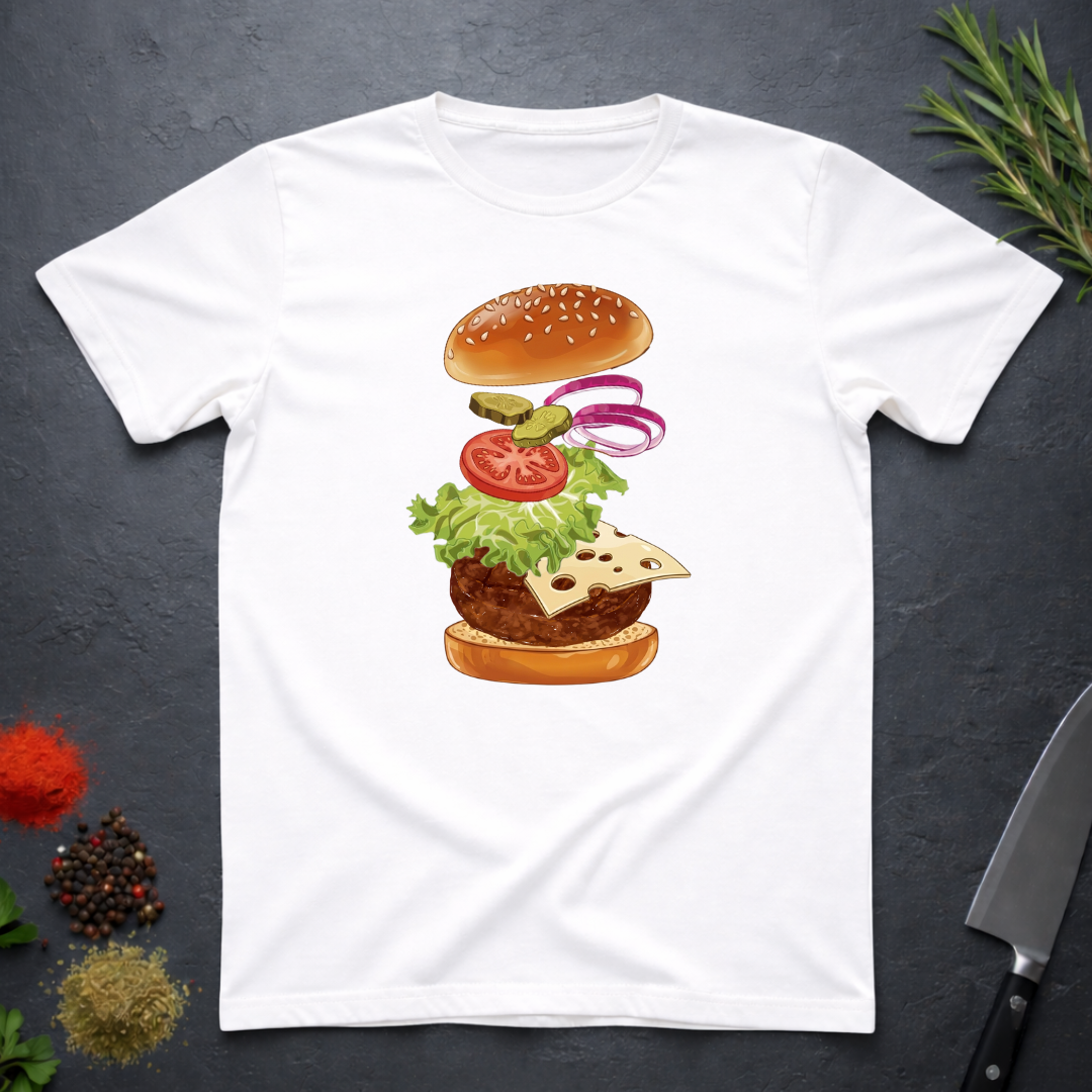 White t-shirt with a colorful stacked burger ingredients graphic on a dark surface.
