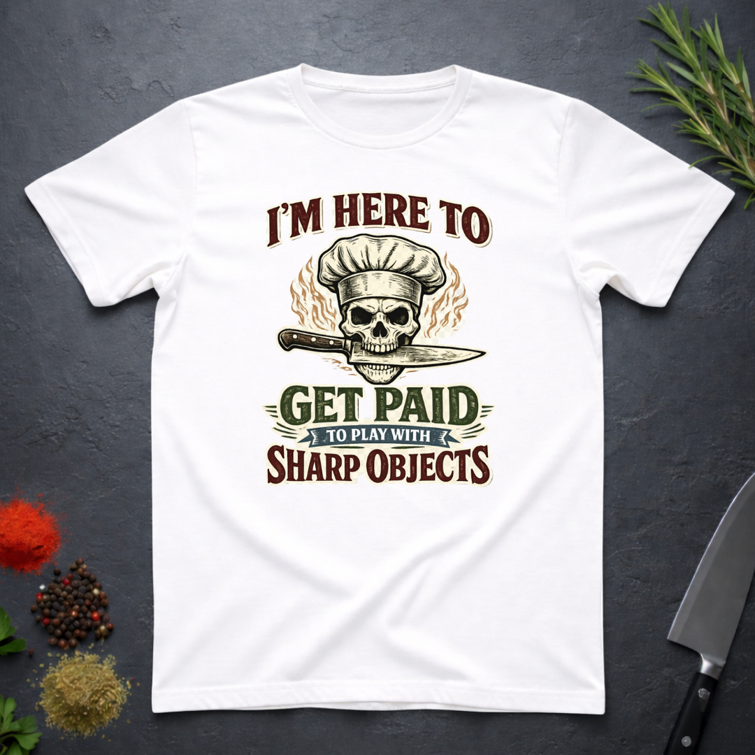 White t-shirt with skull and knife graphic and text "I'm Here to Get Paid the Play with Sharp objects" on a dark surface