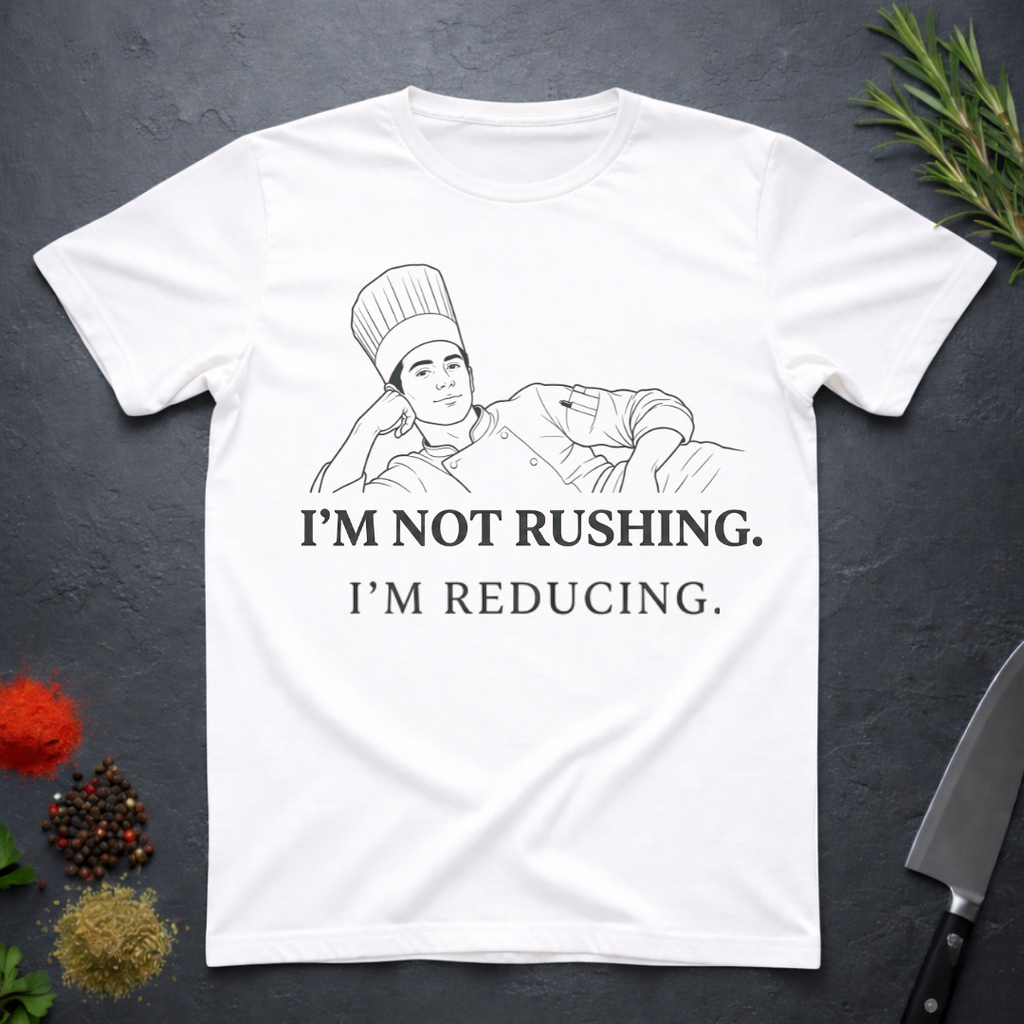 White t-shirt with a chef graphic and text 'I'm not rushing. I'm reducing' on a dark surface with kitchen items.