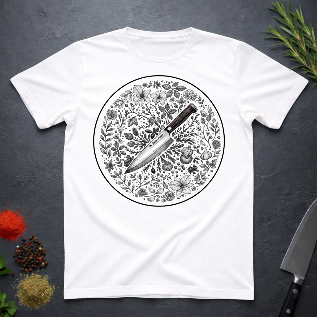 White t-shirt with a circular black and white floral design and knife on a dark surface.