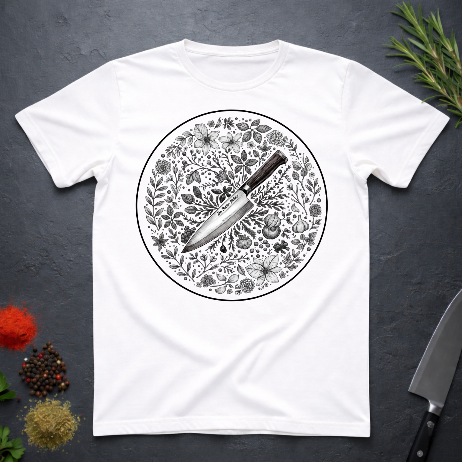 White t-shirt with a circular black and white floral design and knife on a dark surface.