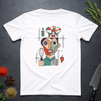 White t-shirt with a colorful geometric abstract graphic design of a chef holding a whisk on a dark surface with kitchen items.