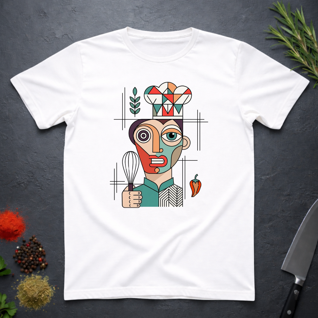 White t-shirt with a colorful geometric abstract graphic design of a chef holding a whisk on a dark surface with kitchen items.