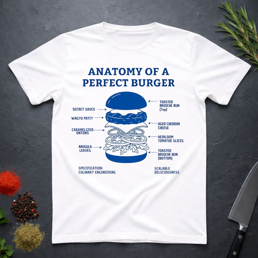 White t-shirt with 'Anatomy of a Perfect Burger' graphic on a dark surface with kitchen items.