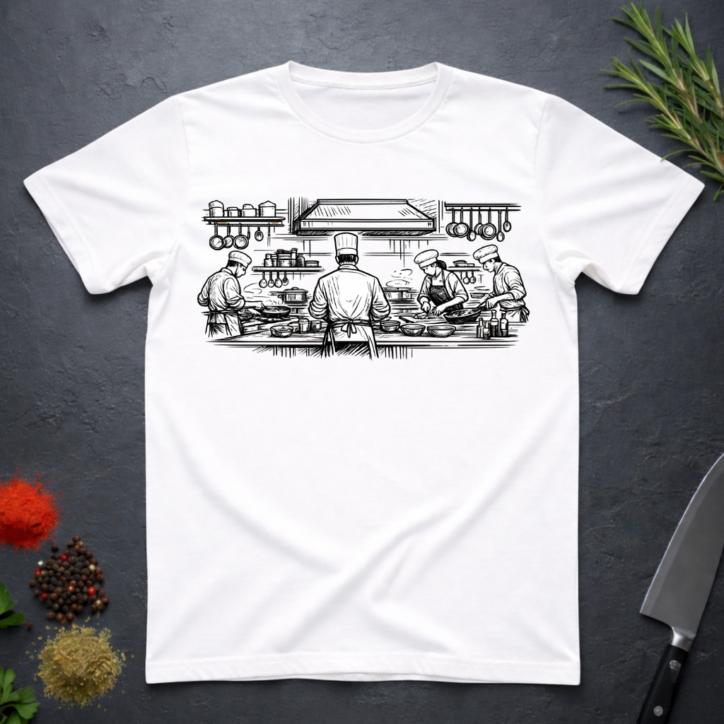 White t-shirt with black and white graphic of chefs in a kitchen scene on a dark surface.