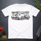 White t-shirt with black and white graphic of chefs in a kitchen scene on a dark surface.