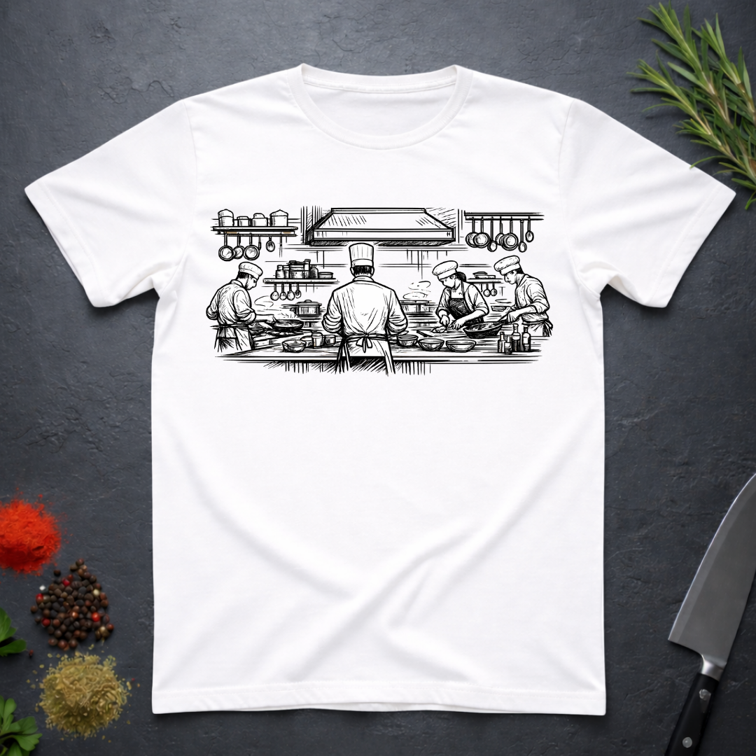 White t-shirt with black and white graphic of chefs in a kitchen scene on a dark surface.