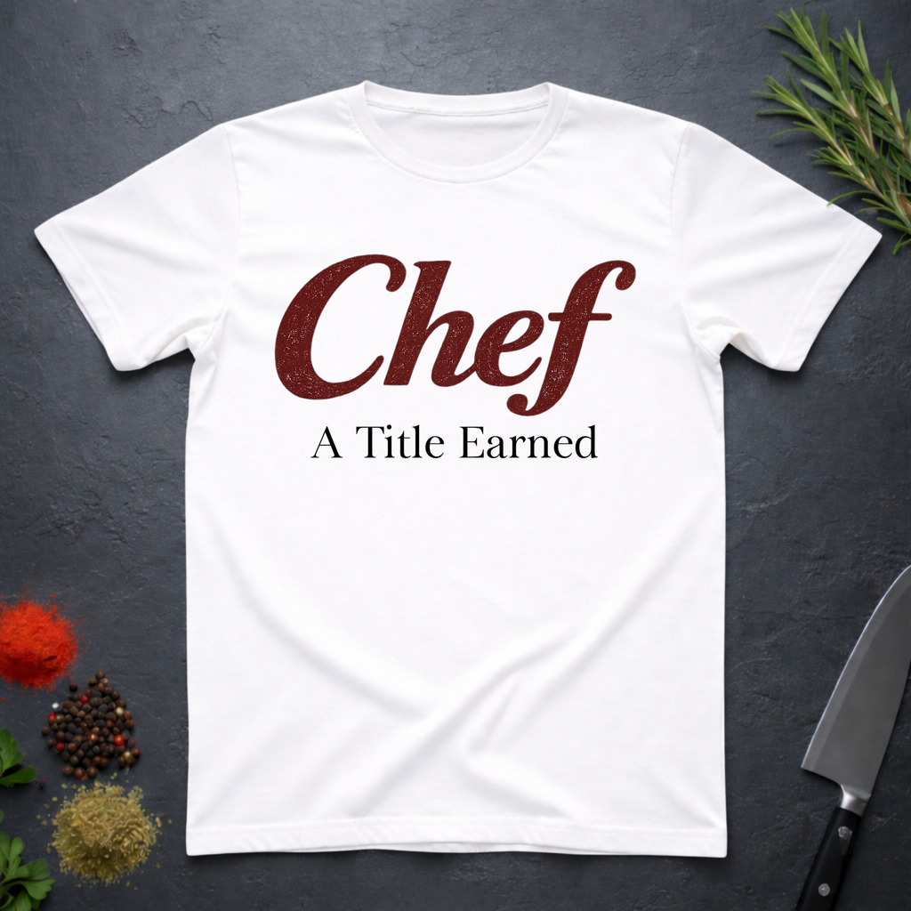 White t-shirt with 'Chef A Title Earned' text on a dark surface with kitchen items.