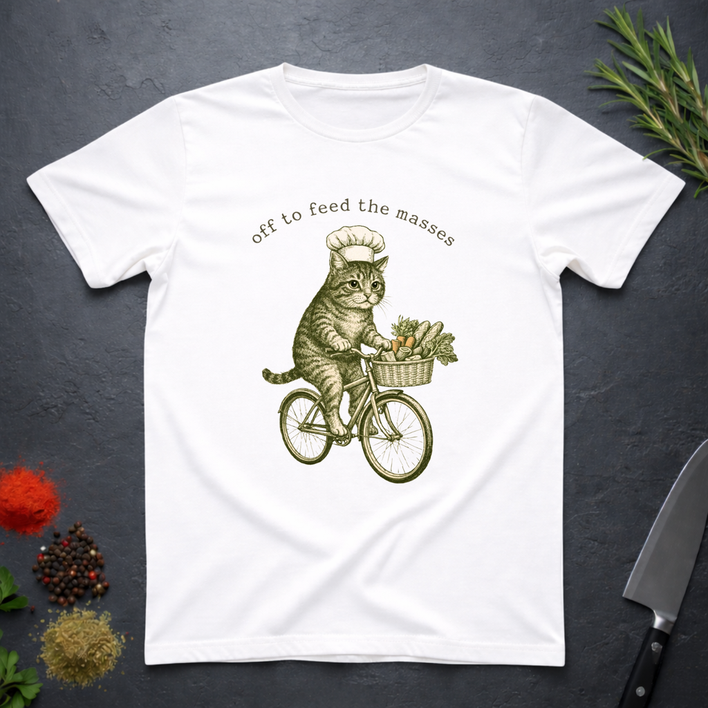 White t-shirt with a cat riding a bicycle illustration and text 'off to feed the masses' on a dark surface.