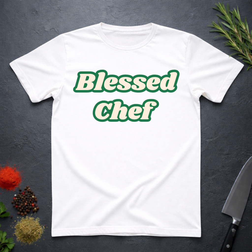 White t-shirt with 'Blessed Chef' text on a dark surface with kitchen items.