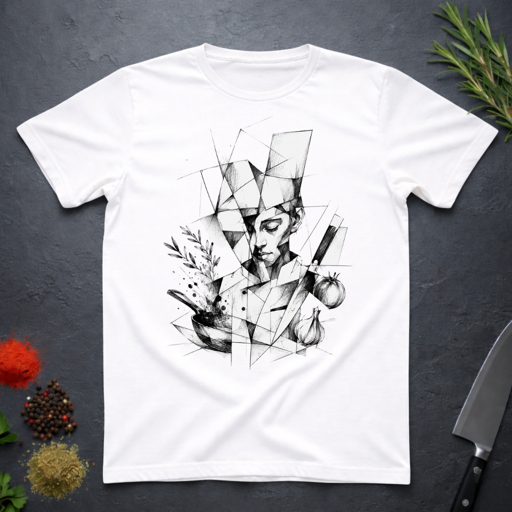 White t-shirt with black geometric art of a chef with knife and ingredients.