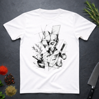 White t-shirt with black geometric art of a chef with knife and ingredients.