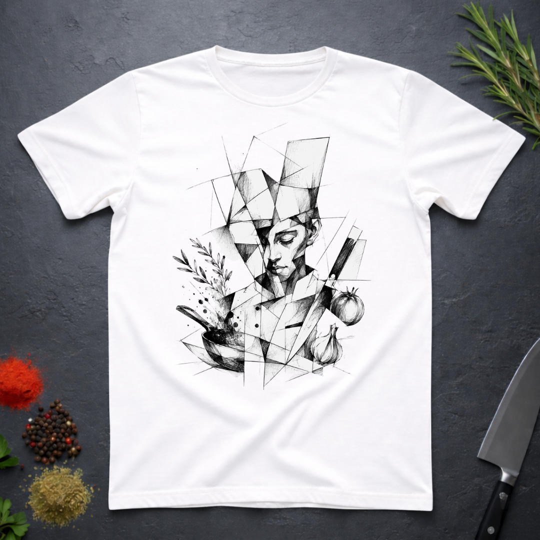 White t-shirt with black geometric art of a chef with knife and ingredients.