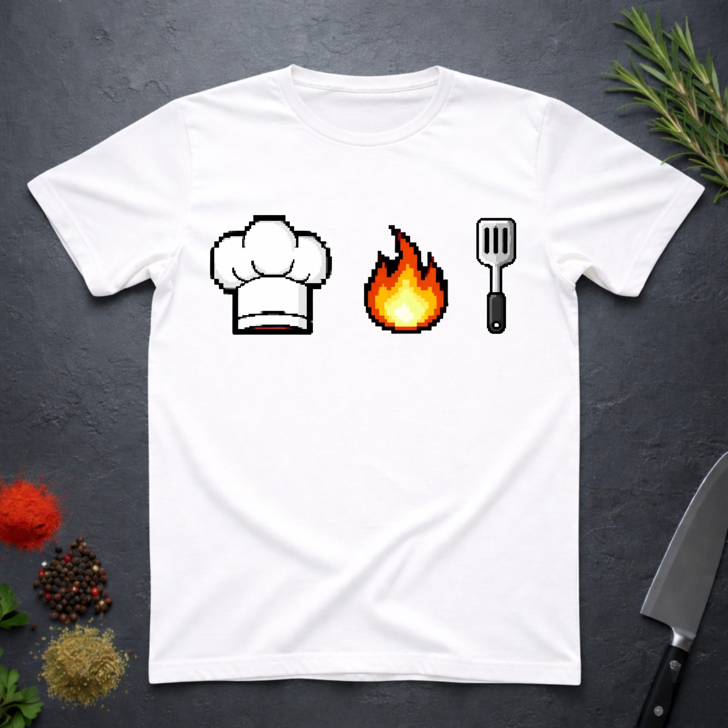 White t-shirt with pixelated chef hat, flame, and spatula design on a dark surface.