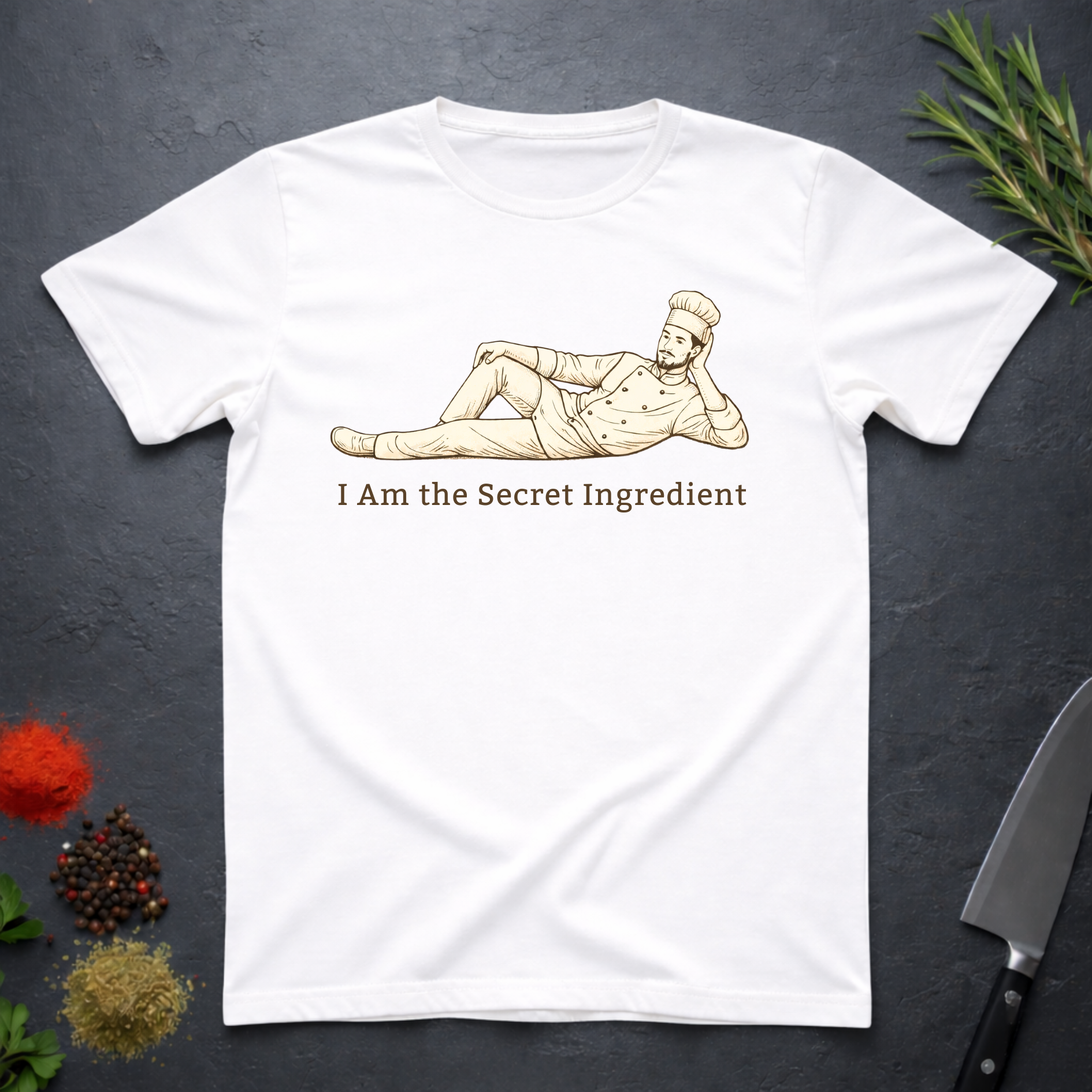 White t-shirt with a graphic of a chef lying on his side and text 'I Am the Secret Ingredient' on a dark surface with kitchen items.