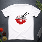 White t-shirt with a red bowl of ramen swirled noodles graphic and black chopsticks.