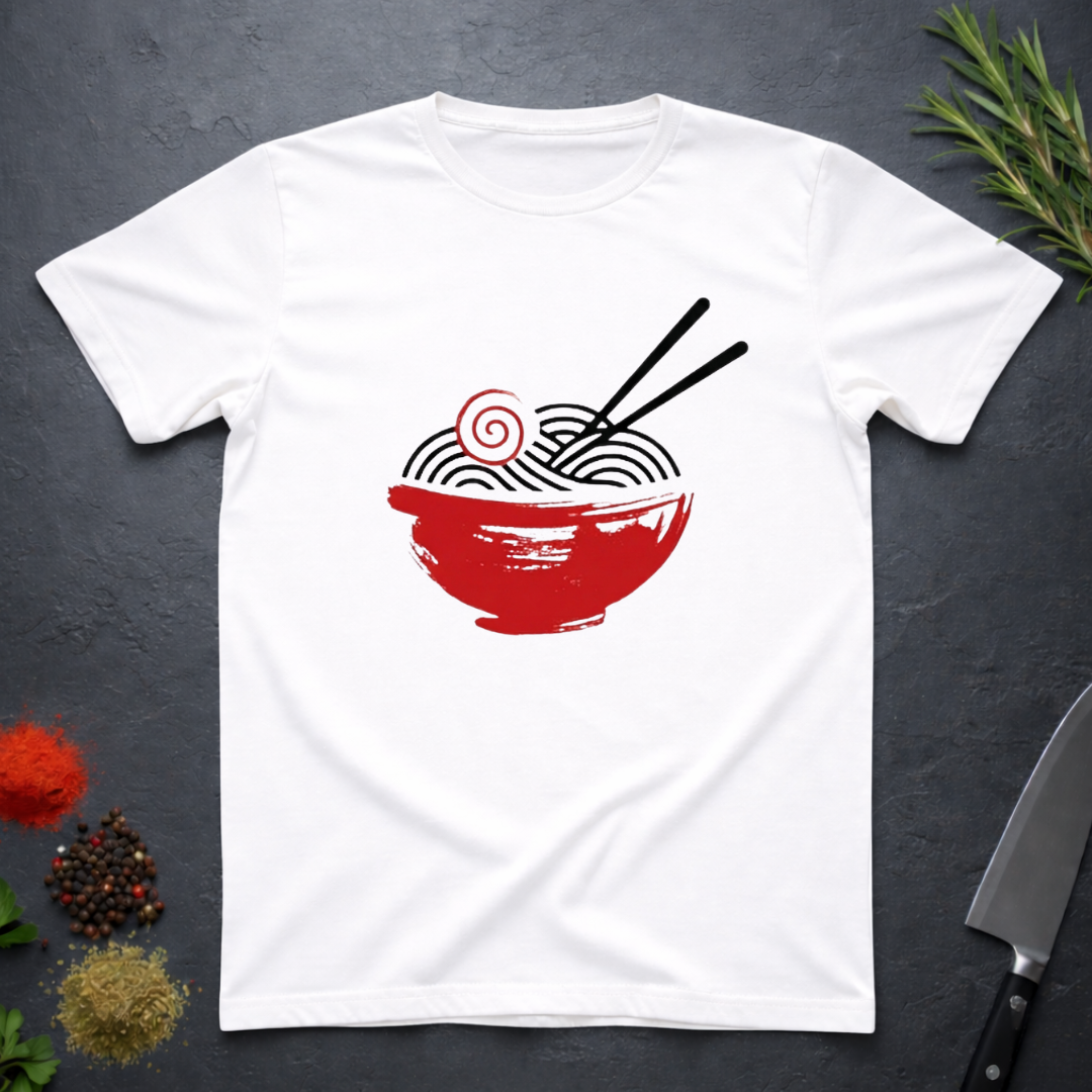 White t-shirt with a red bowl of ramen swirled noodles graphic and black chopsticks.