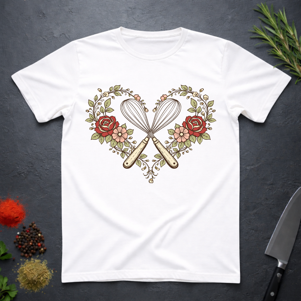 White t-shirt with a design of crossed whisk and spatula inside a heart shape surrounded by flowers and roses on a dark surface.
