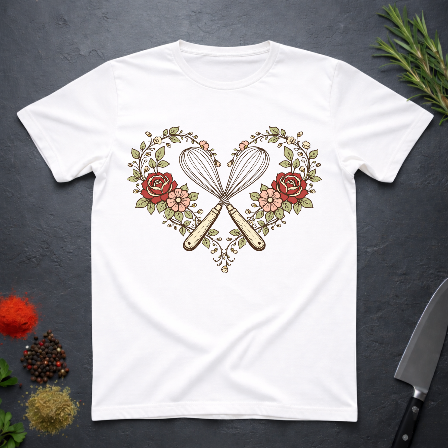 White t-shirt with a design of crossed whisk and spatula inside a heart shape surrounded by flowers and roses on a dark surface.