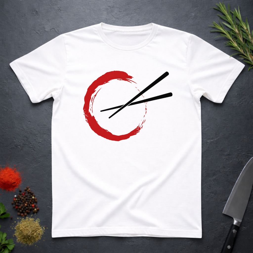 White t-shirt with red circle and black chopsticks design on a dark surface with kitchen items.
