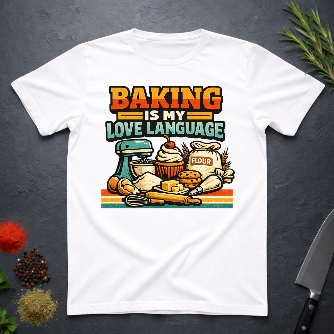 White t-shirt with baking-themed graphic and text "Baking is My Love Language" on a dark surface.
